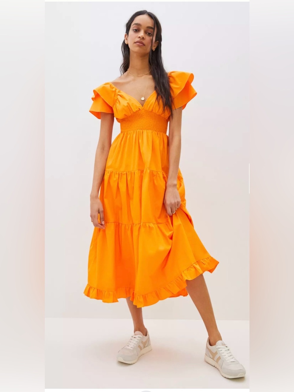 Kensington Maxi Dress Smocked Waist Orange Ruffle-Tier Midi Dress size:S